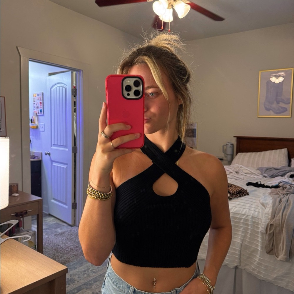 Black Cross-Halter Crop Top with Cut Out Design